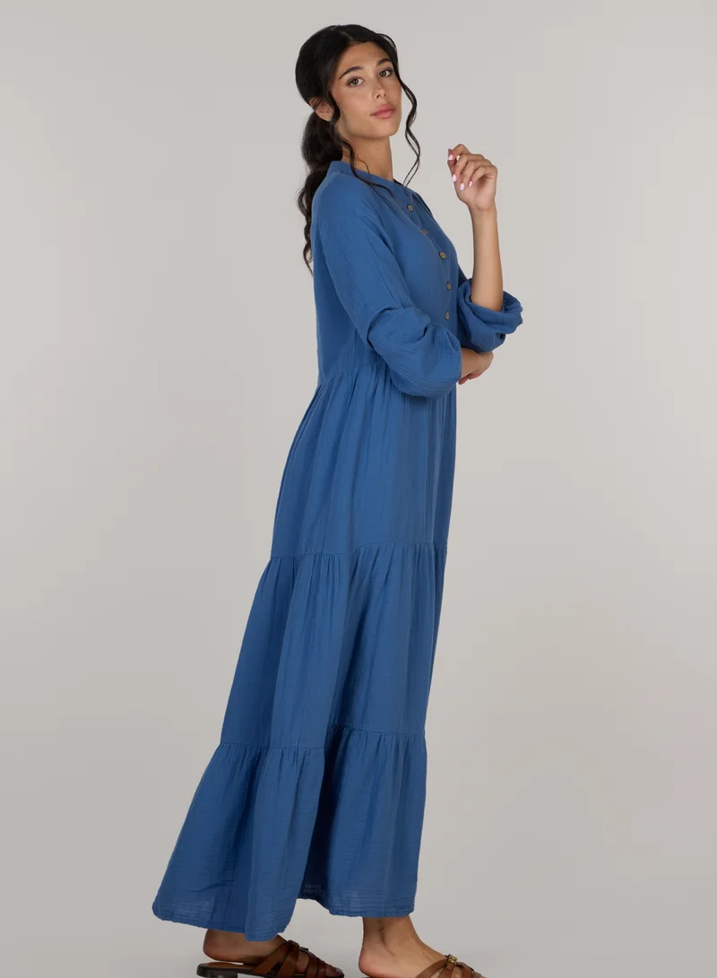 Just Nature royal blue Button-Front Tiered Midi Dress for Women | Best Price UAE