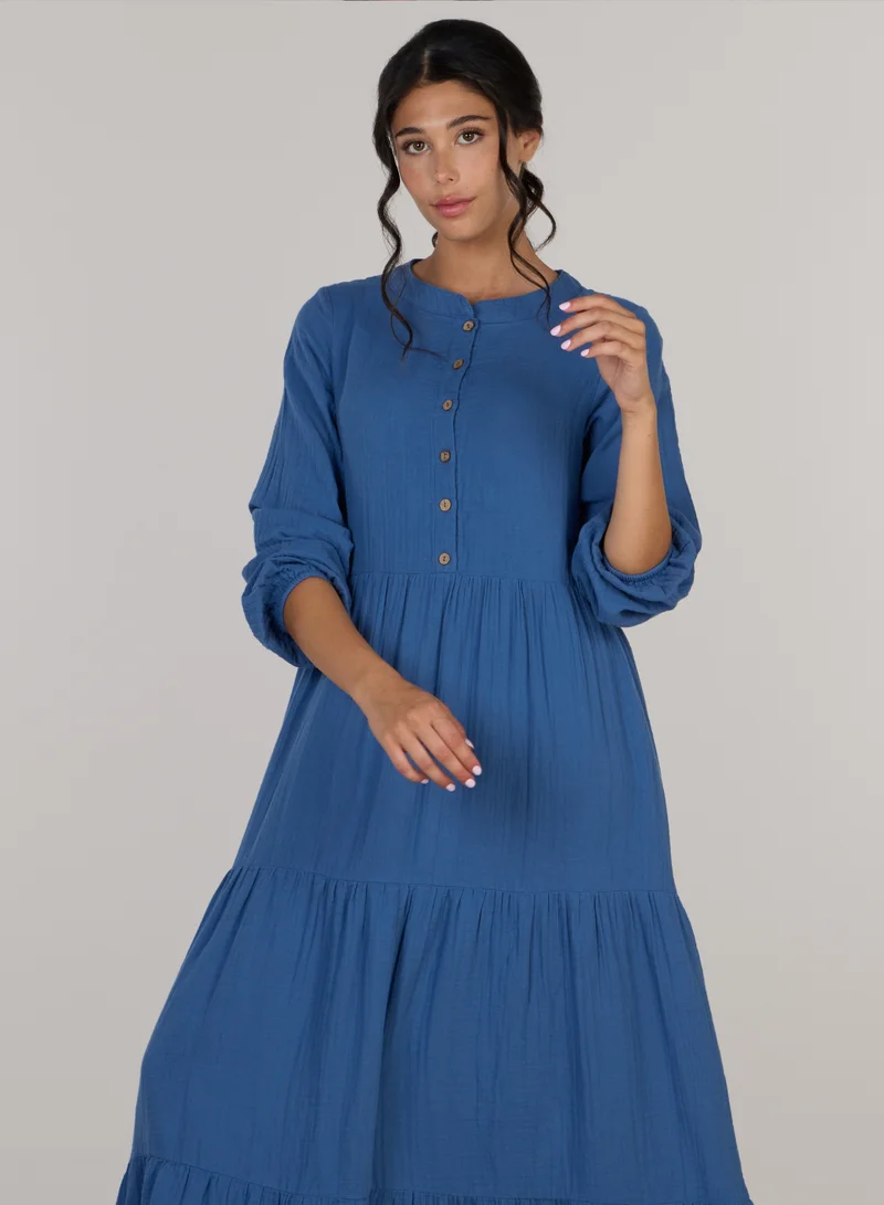 Just Nature royal blue Button-Front Tiered Midi Dress for Women | Best Price UAE