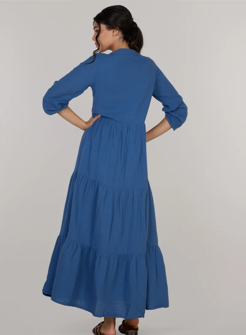 Just Nature royal blue Button-Front Tiered Midi Dress for Women | Best Price UAE