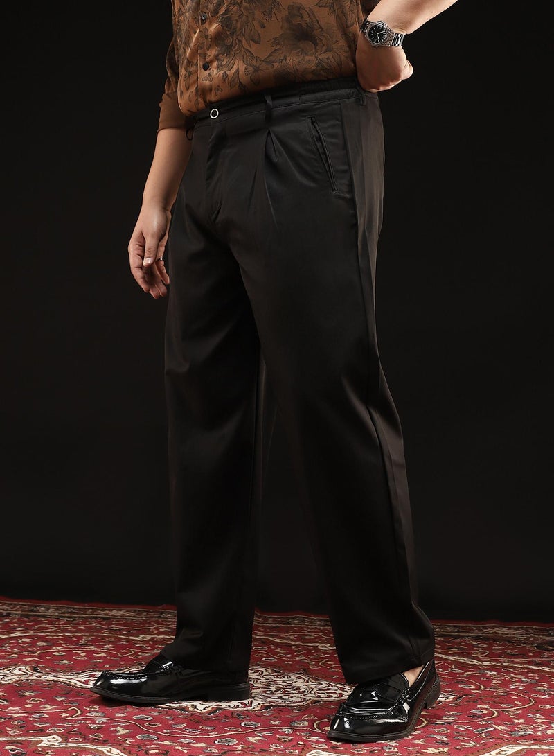 Instafab Plus Instafab Plus Men's Onyx Black Straight-Fit Pleated Trousers | Mid-Rise , Straight Hem , Button Closure | Solid Plain Polyester Blend Material For Formal & Office Wear - Image 3