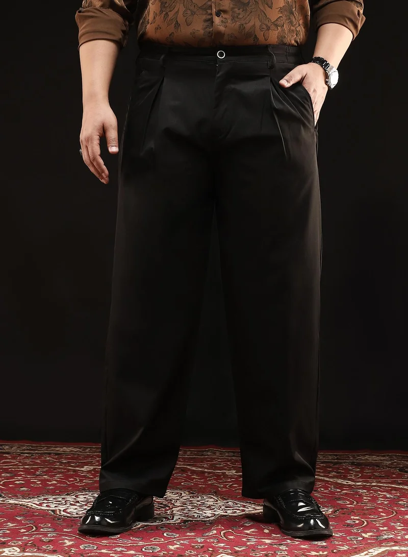 انستافاب بلس Instafab Plus Men's Onyx Black Straight-Fit Pleated Trousers | Mid-Rise , Straight Hem , Button Closure | Solid Plain Polyester Blend Material For Formal & Office Wear