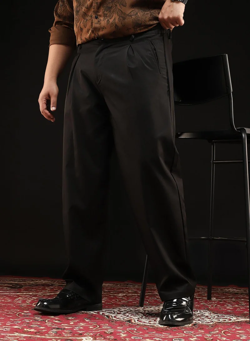 انستافاب بلس Instafab Plus Men's Onyx Black Straight-Fit Pleated Trousers | Mid-Rise , Straight Hem , Button Closure | Solid Plain Polyester Blend Material For Formal & Office Wear