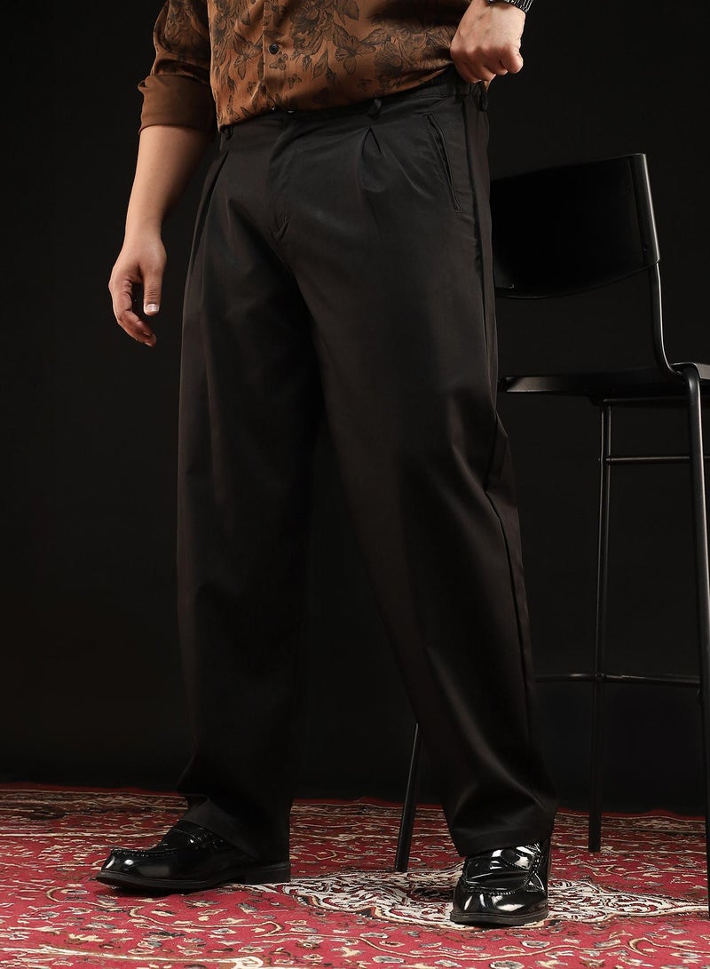 Instafab Plus Instafab Plus Men's Onyx Black Straight-Fit Pleated Trousers | Mid-Rise , Straight Hem , Button Closure | Solid Plain Polyester Blend Material For Formal & Office Wear - Image 1