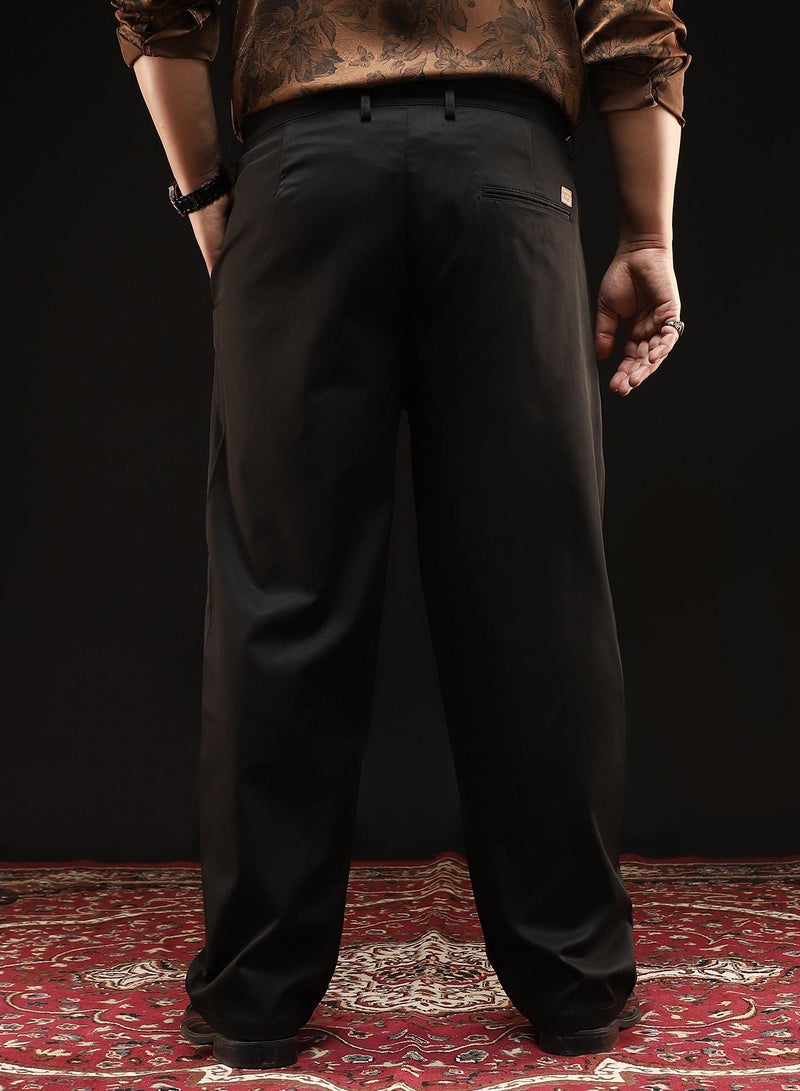 Instafab Plus Instafab Plus Men's Onyx Black Straight-Fit Pleated Trousers | Mid-Rise , Straight Hem , Button Closure | Solid Plain Polyester Blend Material For Formal & Office Wear - Image 5