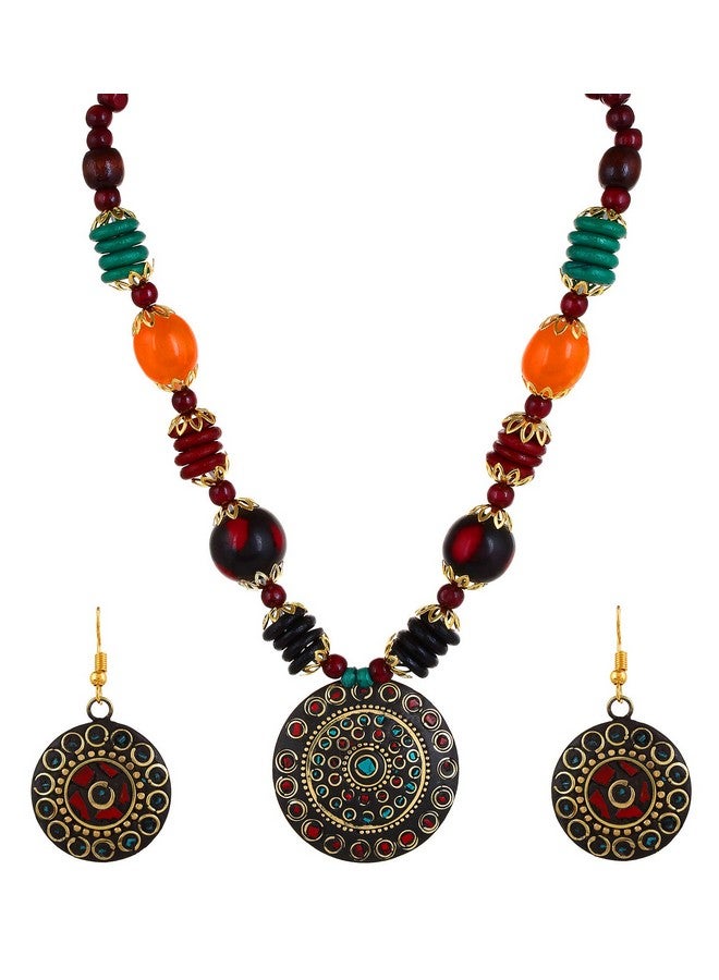 يو بيلا مجموعة مجوهرات YouBella للنساء، قلادة تبتي أنيقة مع أقراط للنساء والفتيات (هدية)، قلادة قبلية، قلادة من الخرز - Image 1