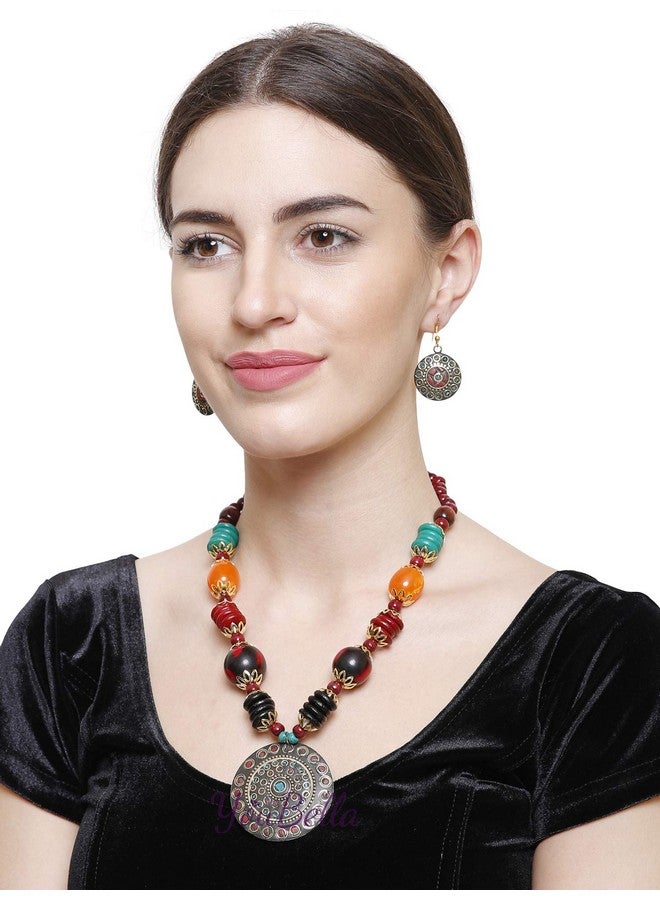 يو بيلا مجموعة مجوهرات YouBella للنساء، قلادة تبتي أنيقة مع أقراط للنساء والفتيات (هدية)، قلادة قبلية، قلادة من الخرز - Image 2