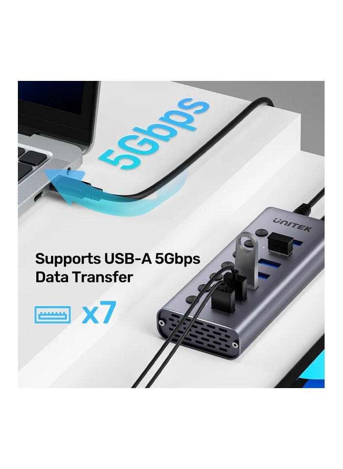 UNITEK محور USB 3.0 7 في 1 مع مفتاح طاقة (7*USB-A 5Gbps)، رمادي فضائي، محول طاقة 12V 2A، مع كابل 2 في 1 USB-C/USB-A، مع وظيفة شحن BC1.2 - Image 3