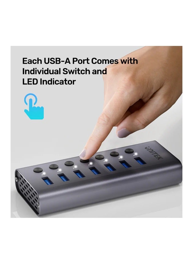 UNITEK 7-in-1 USB 3.0 Hub with Power Switch (7*USB-A 5Gbps), Space Grey, 12V 2A Power Adapter, with 2-in-1 USB-C/USB-A Cable, With BC1.2 Charging Function  - Image 4