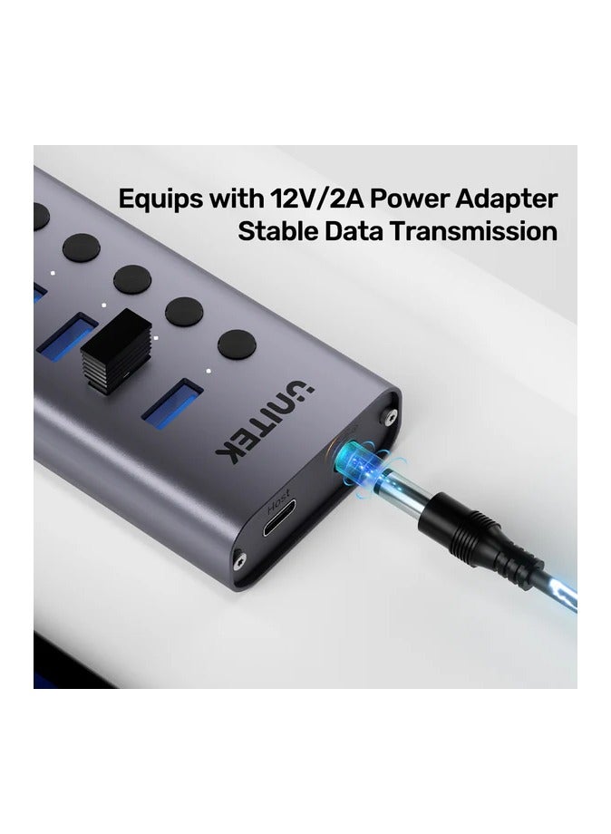 UNITEK 7-in-1 USB 3.0 Hub with Power Switch (7*USB-A 5Gbps), Space Grey, 12V 2A Power Adapter, with 2-in-1 USB-C/USB-A Cable, With BC1.2 Charging Function  - Image 5