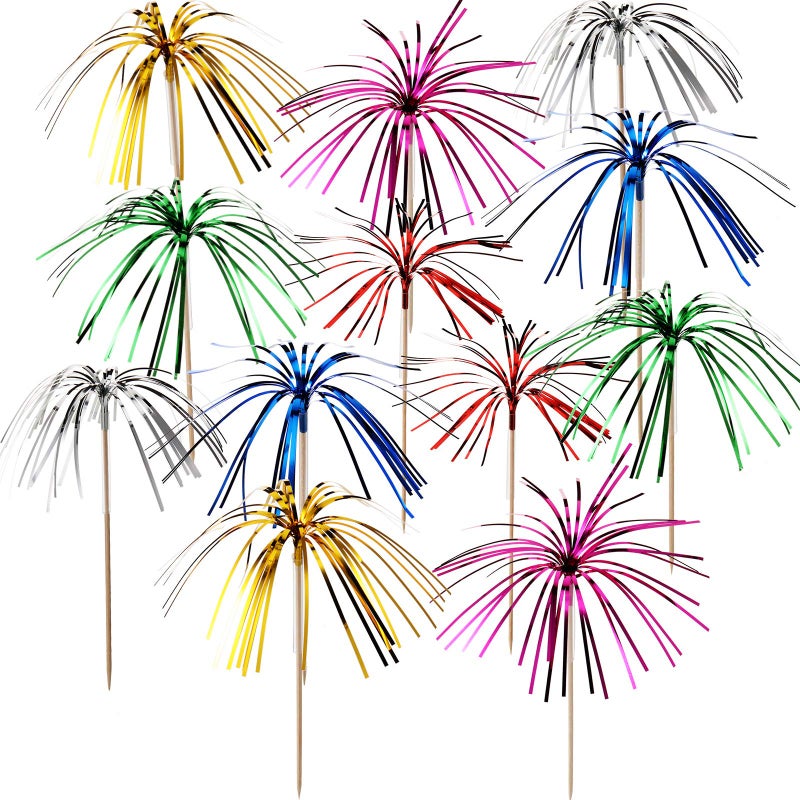 Syhood 150 Pcs Cocktail Picks Firework Foil Frill Firework Cupcake Picks 787 Inch Cupcake Topper Toothpicks Food Fireworks Sticks Cocktail Sticks for Halloween Christmas Cake Party Decoration