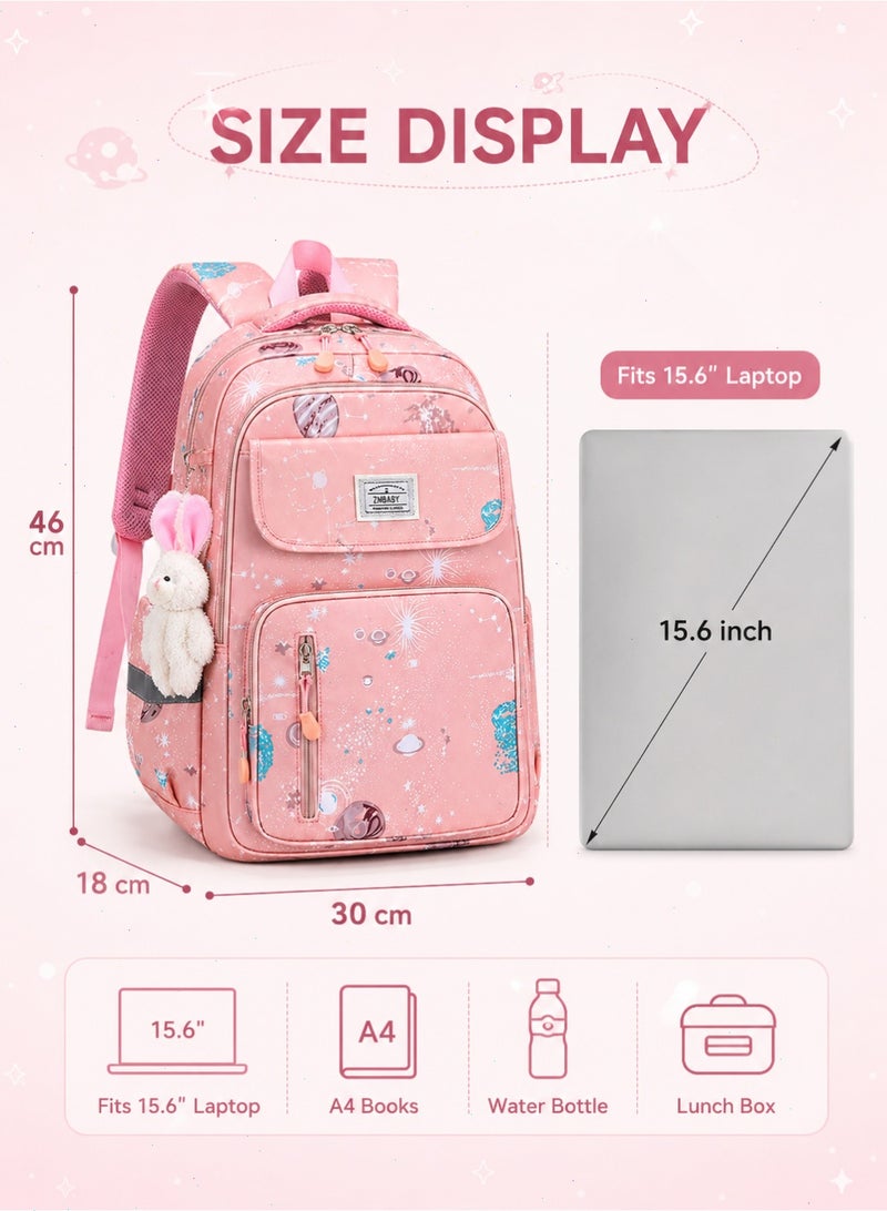 Girls School Backpack, Large Capacity Pink Kids Bookbag With Bunny Charm, Fits 15.6 Inch Laptop, Multi-Pocket Lightweight Student Bag, 46 x 30 x 18 cm - Image 2