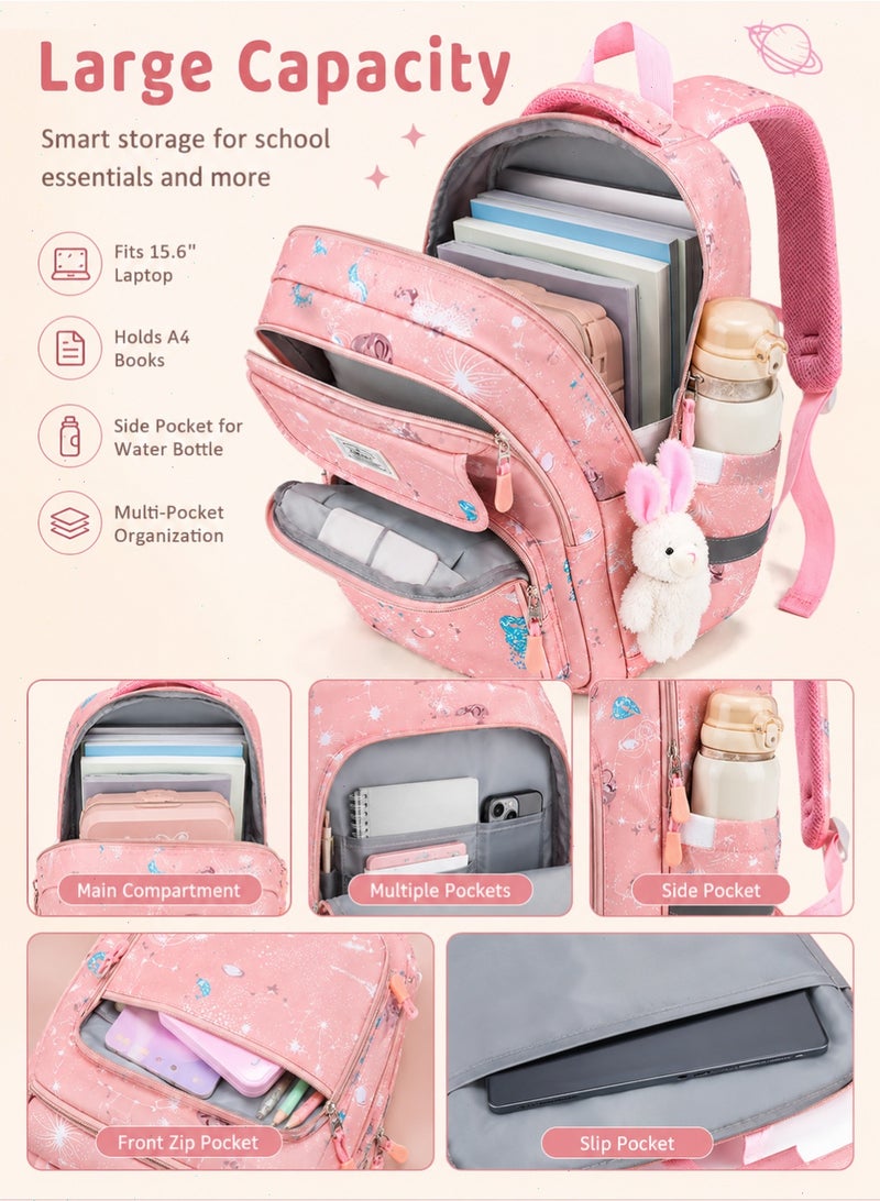 Girls School Backpack, Large Capacity Pink Kids Bookbag With Bunny Charm, Fits 15.6 Inch Laptop, Multi-Pocket Lightweight Student Bag, 46 x 30 x 18 cm - Image 3