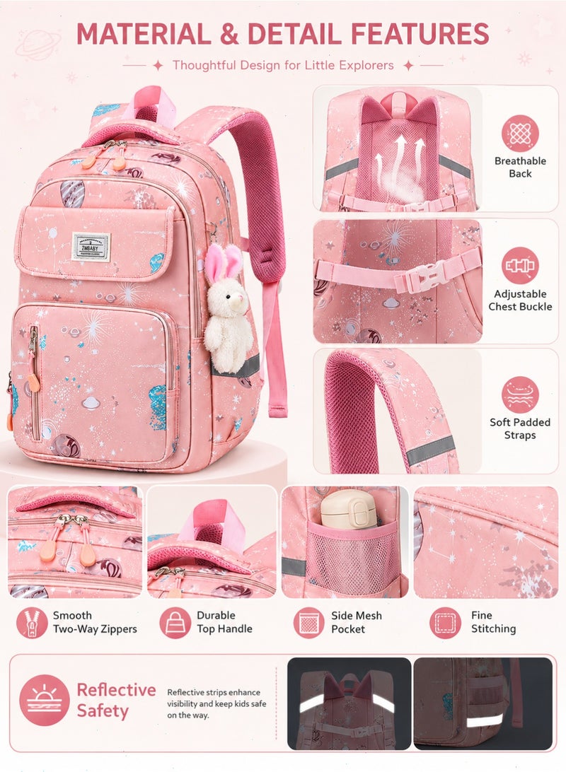 Girls School Backpack, Large Capacity Pink Kids Bookbag With Bunny Charm, Fits 15.6 Inch Laptop, Multi-Pocket Lightweight Student Bag, 46 x 30 x 18 cm - Image 4