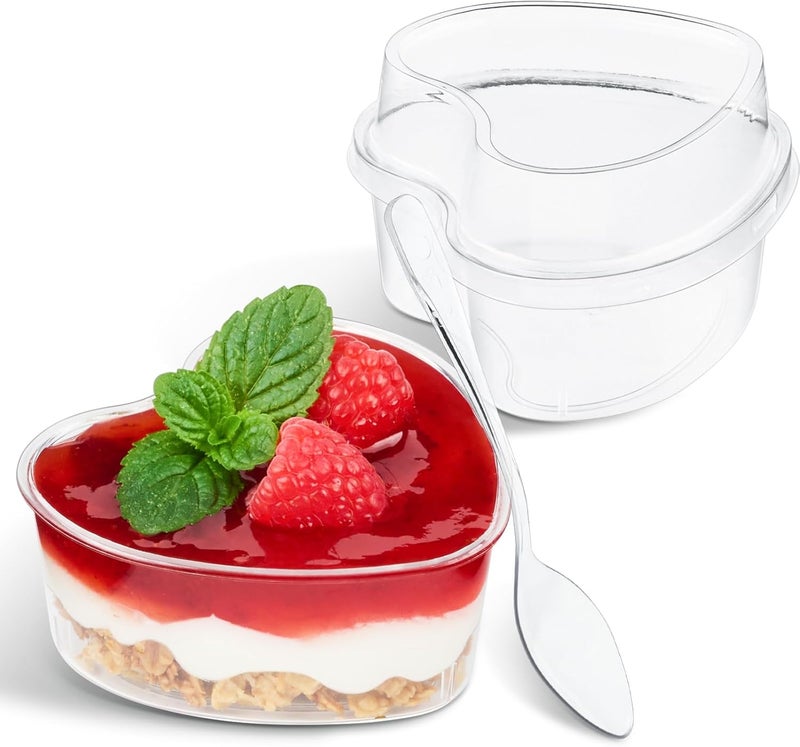 TOFLEN 5 oz Heart Shaped Dessert Cups with Lids and Spoons 150 Pcs  Serves 50  Mini Plastic Dessert Shooter Cups for Parfait Cheesecake Mousse Appetizers Jello Shot and Puddings - Image 1