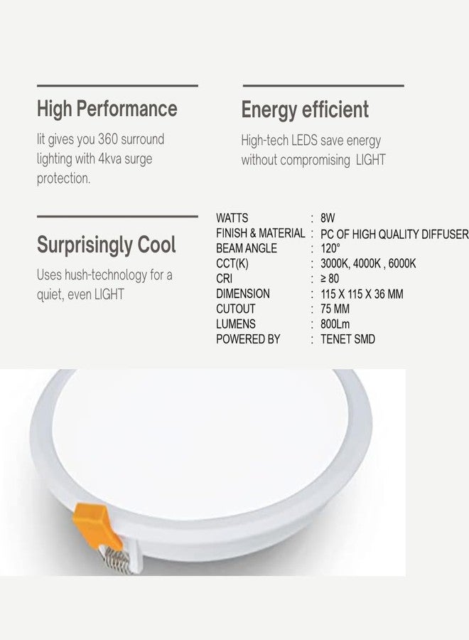 TENET LED Downlighter for Ceiling, Energy-Efficient Lighting for Home and Office (Round, Regular White, Plastic, 8W, 1, Pack of 1) - Image 3