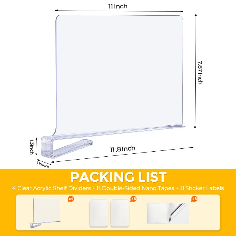 JOY DECOR 8 Pack Acrylic Clear Shelf Dividers for Closets Organizer and Storage Adjustable Vertical Wood Shelf Closet Separators for Clothes,Book,Bags in Bedroom and Kitchen - Image 2