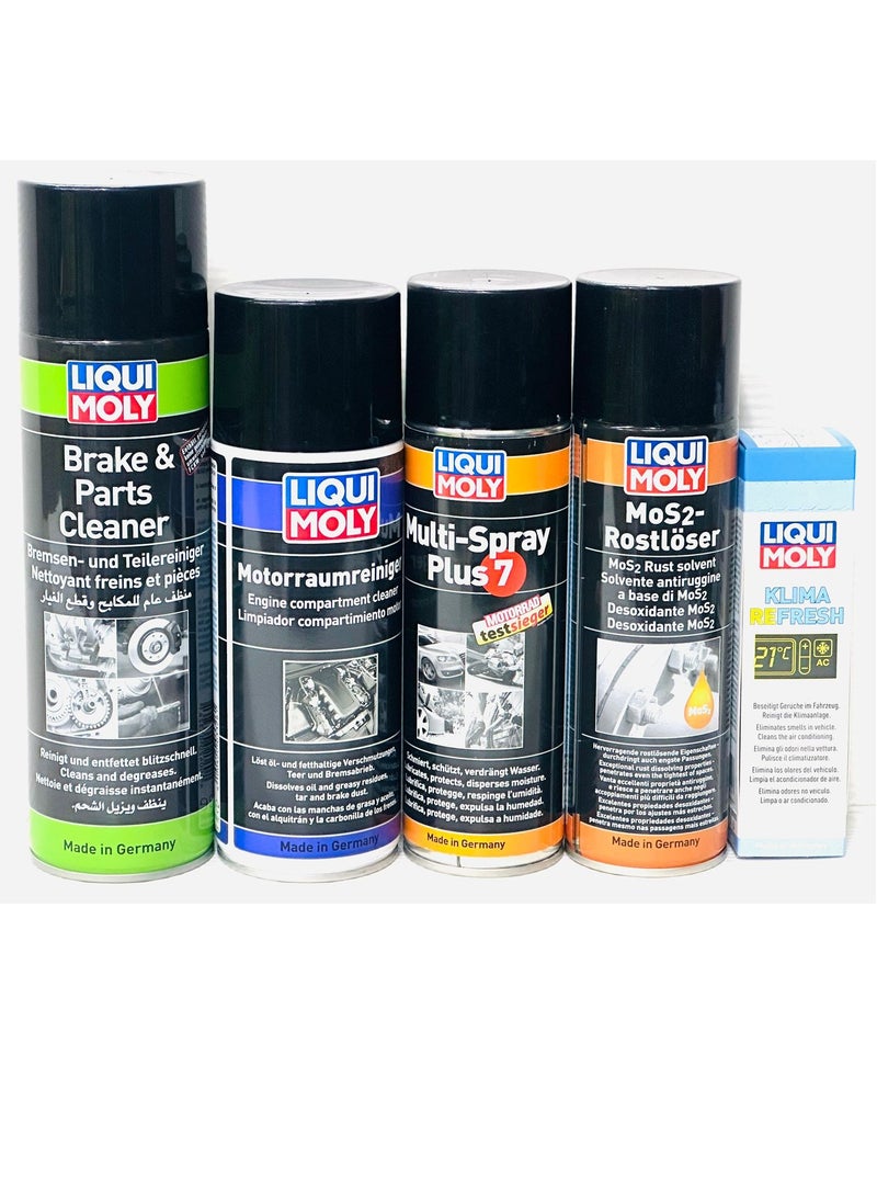 LIQUI MOLY - Vehicle Maintenance Pack ( Brake&Parts Cleaner,Engine Compartment Cleaner,Multi Spray,Rust Solvent,Klima Fresh) - Image 1
