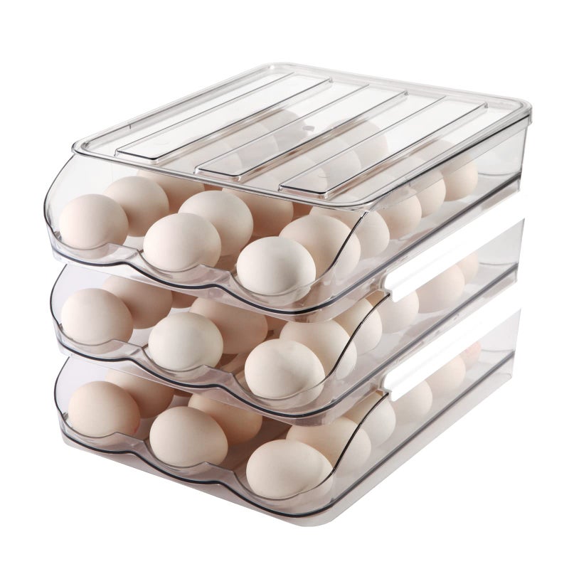 MesRosa Egg Holder for FridgeAutomatically Rolling Egg Storage Container for RefrigeratorEgg Organizer for Fridge with LidClear Plastic Dispenser Tray  Box 3 Layer