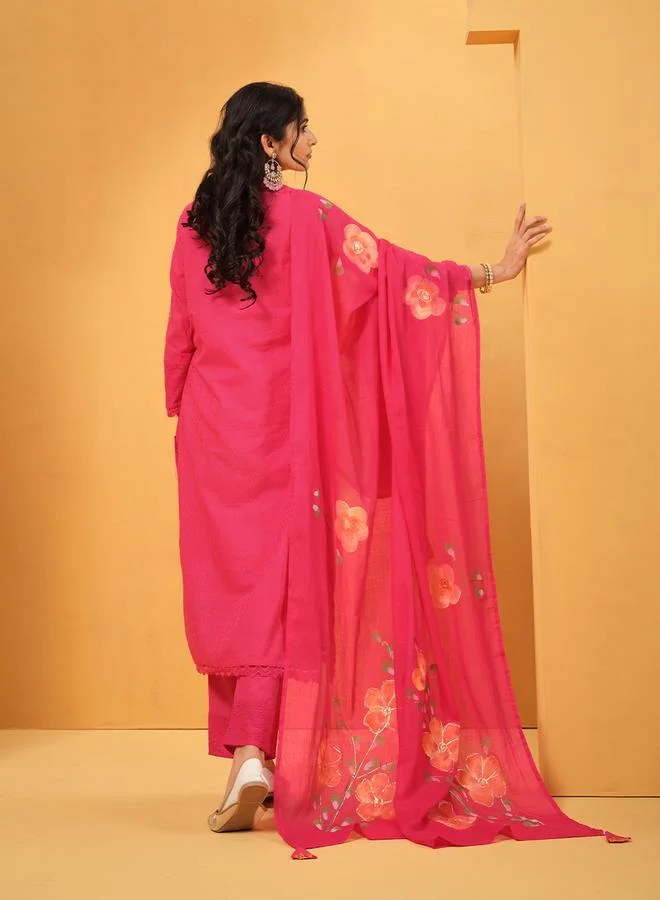 ISHIN Women's Pink Cotton Embroidered Tunic Upperwear Calf Length Palazzo Bottomwear Straight Fit 3 Peice Kurta Set