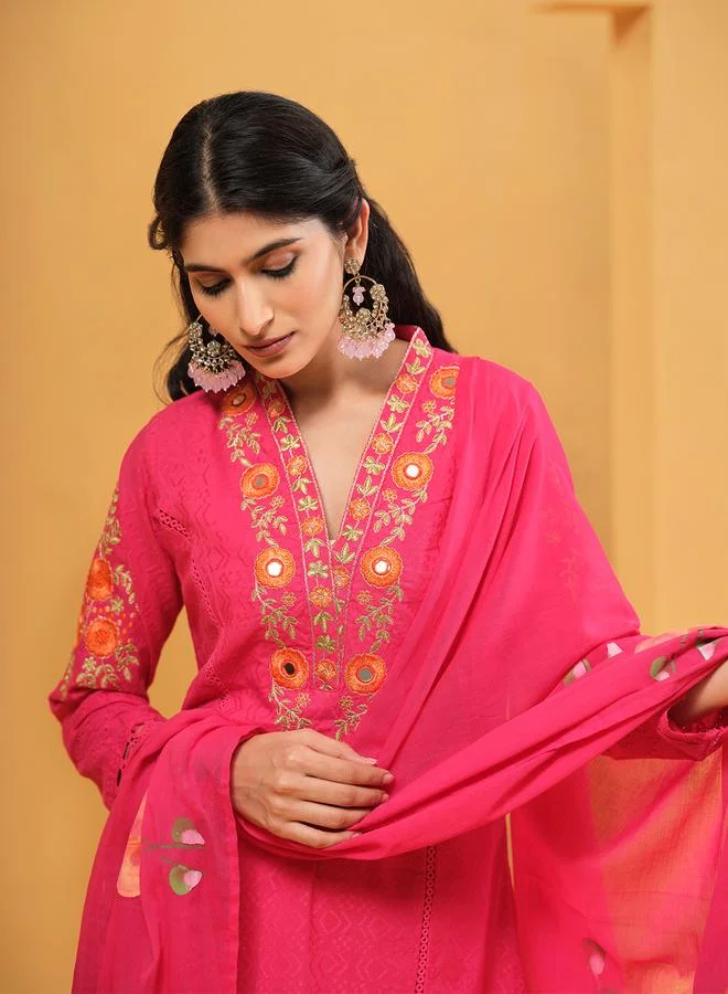 ISHIN Women's Pink Cotton Embroidered Tunic Upperwear Calf Length Palazzo Bottomwear Straight Fit 3 Peice Kurta Set