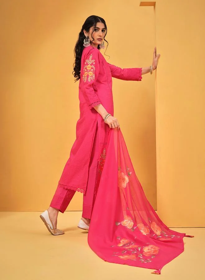 ISHIN Women's Pink Cotton Embroidered Tunic Upperwear Calf Length Palazzo Bottomwear Straight Fit 3 Peice Kurta Set