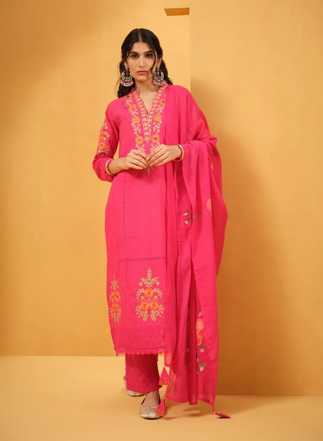 ISHIN Women's Pink Cotton Embroidered Tunic Upperwear Calf Length Palazzo Bottomwear Straight Fit 3 Peice Kurta Set