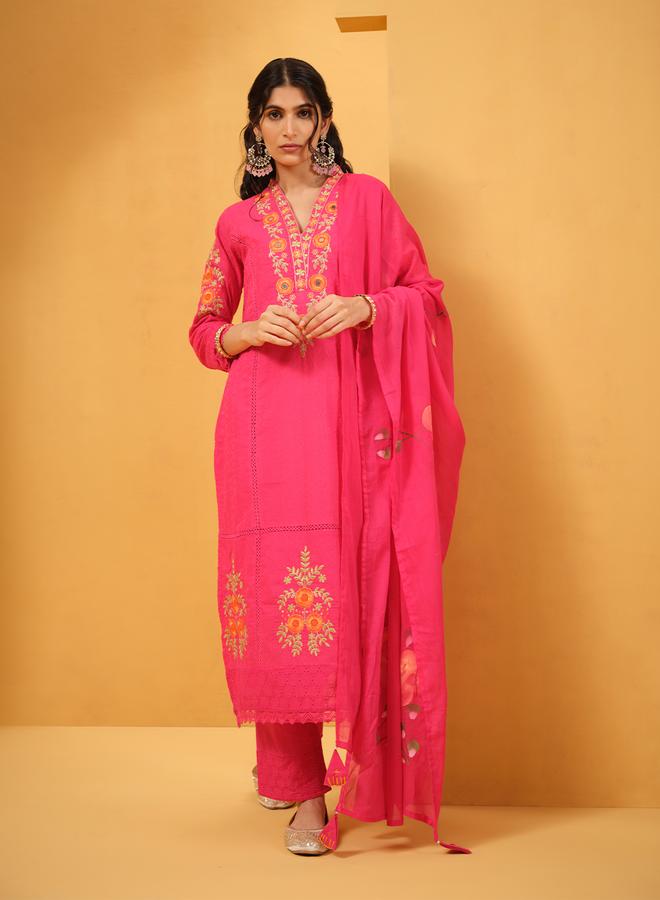 ISHIN Women's Pink Cotton Embroidered Tunic Upperwear Calf Length Palazzo Bottomwear Straight Fit 3 Peice Kurta Set - Image 1