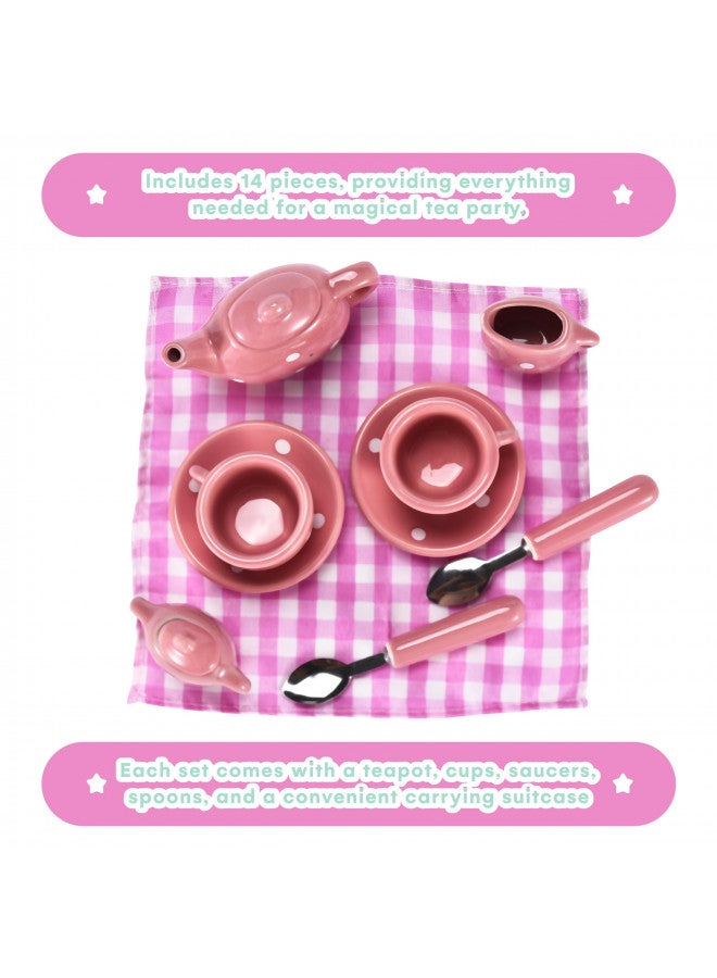 JewelKeeper Jewelkeeper Tea Party Set for Little Girls - 13 pcs. Porcelain Mini Set for Your Princess Tea Time - Play with Teapots, Cups, and Saucers for Kids - BPA and Lead-Free Pastel Polka Dot Children Set - Image 3