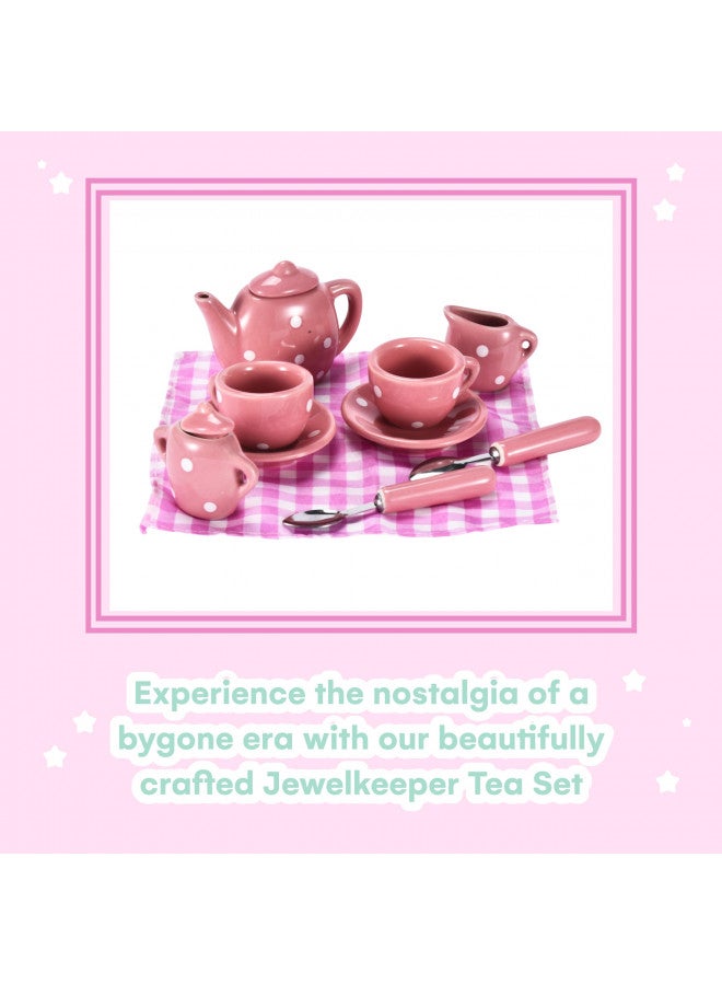 JewelKeeper Jewelkeeper Tea Party Set for Little Girls - 13 pcs. Porcelain Mini Set for Your Princess Tea Time - Play with Teapots, Cups, and Saucers for Kids - BPA and Lead-Free Pastel Polka Dot Children Set - Image 2
