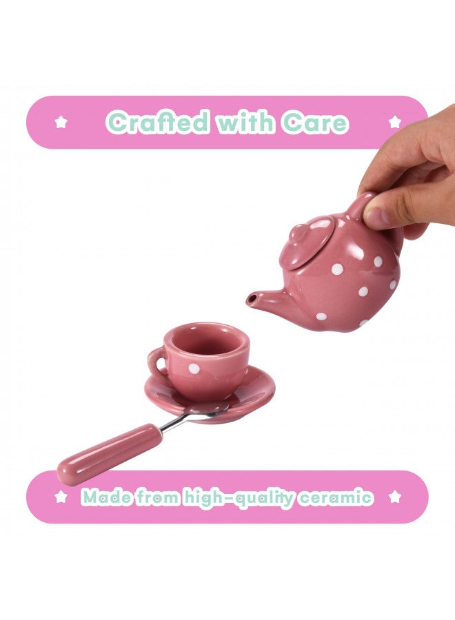 JewelKeeper Jewelkeeper Tea Party Set for Little Girls - 13 pcs. Porcelain Mini Set for Your Princess Tea Time - Play with Teapots, Cups, and Saucers for Kids - BPA and Lead-Free Pastel Polka Dot Children Set - Image 4