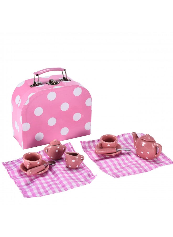 JewelKeeper Jewelkeeper Tea Party Set for Little Girls - 13 pcs. Porcelain Mini Set for Your Princess Tea Time - Play with Teapots, Cups, and Saucers for Kids - BPA and Lead-Free Pastel Polka Dot Children Set - Image 1