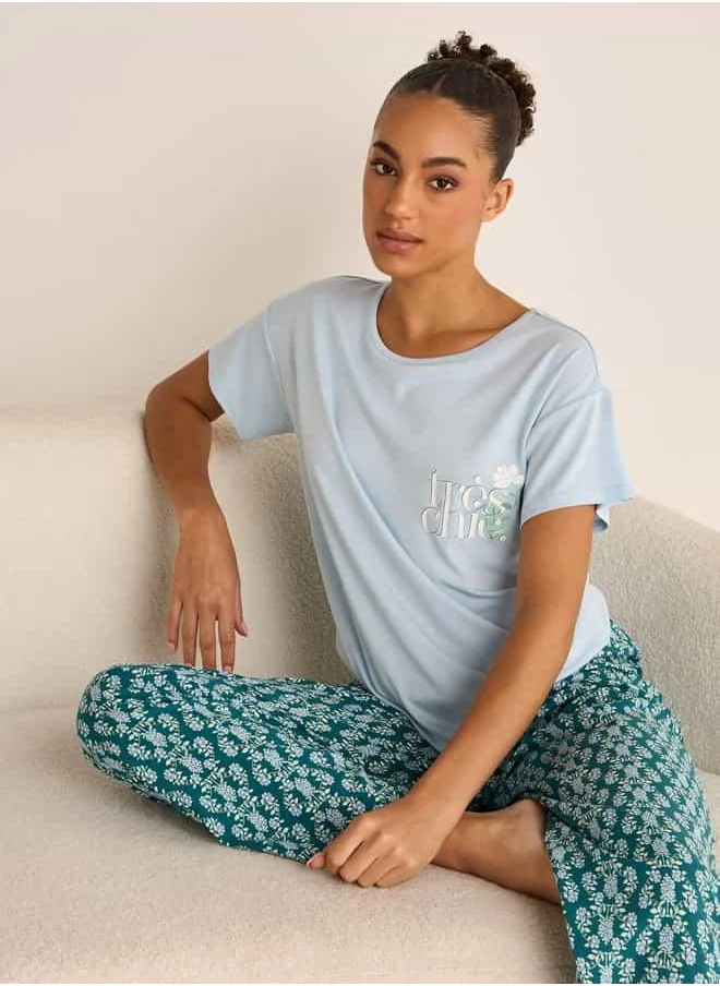 FAV Floral Print Short Sleeves T-shirt and Pyjama Set