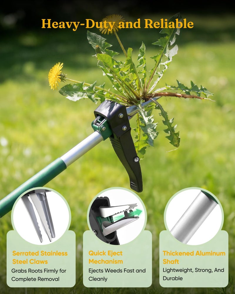 Grenebo Stand Up Weed Puller Tool, Claw Garden Weed Removal Tool with Eject Mechanism, Heavy-Duty Manual Weeder, Root Weed Remover Tool for Dandelion, Crabgrass & Weeds, Without Bending, or Kneeling - Image 5