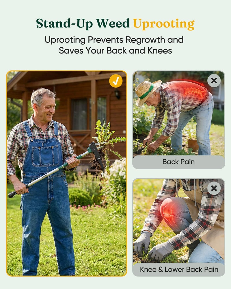 Grenebo Stand Up Weed Puller Tool, Claw Garden Weed Removal Tool with Eject Mechanism, Heavy-Duty Manual Weeder, Root Weed Remover Tool for Dandelion, Crabgrass & Weeds, Without Bending, or Kneeling - Image 4