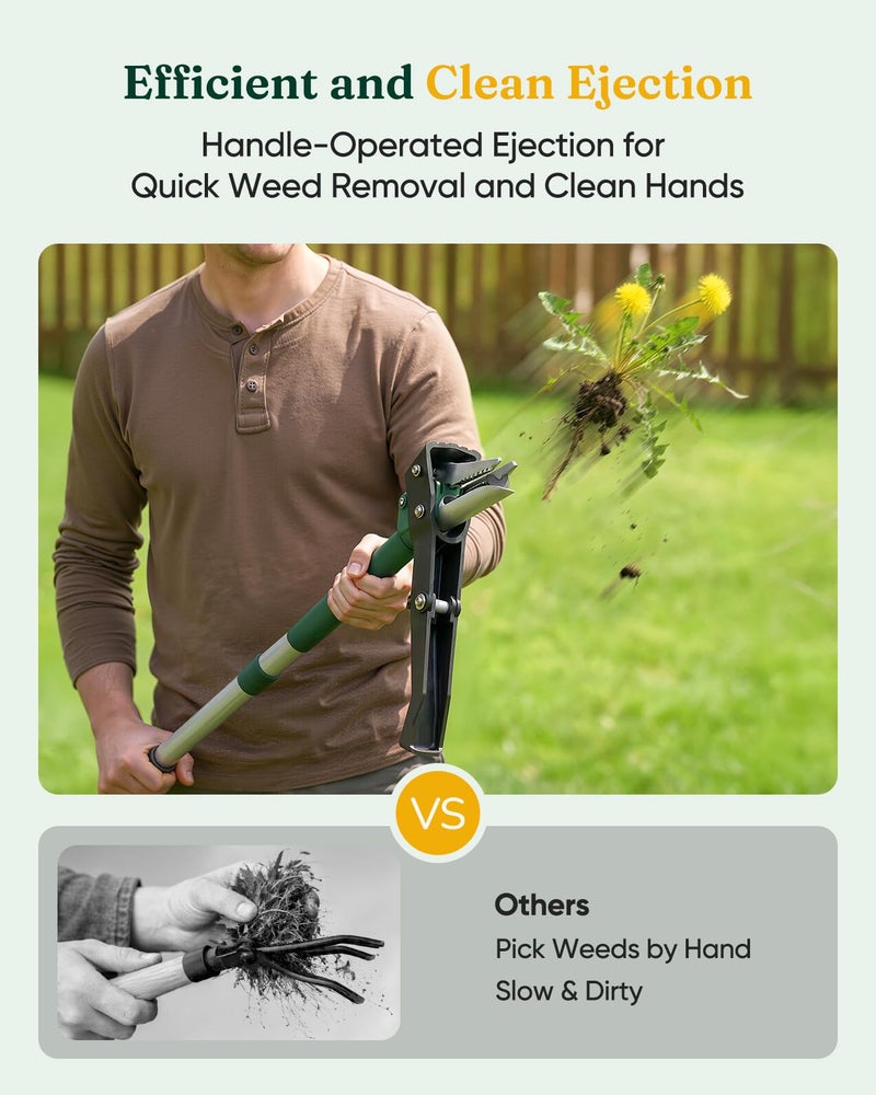 Grenebo Stand Up Weed Puller Tool, Claw Garden Weed Removal Tool with Eject Mechanism, Heavy-Duty Manual Weeder, Root Weed Remover Tool for Dandelion, Crabgrass & Weeds, Without Bending, or Kneeling - Image 3