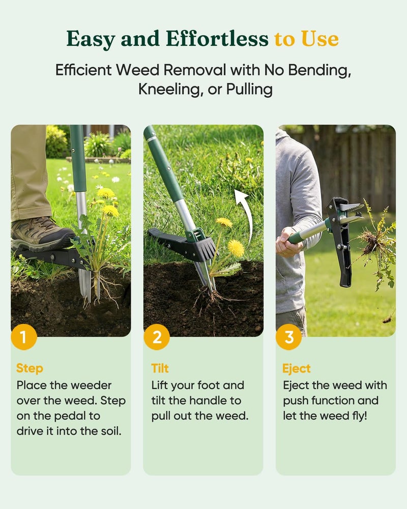 Grenebo Stand Up Weed Puller Tool, Claw Garden Weed Removal Tool with Eject Mechanism, Heavy-Duty Manual Weeder, Root Weed Remover Tool for Dandelion, Crabgrass & Weeds, Without Bending, or Kneeling - Image 2