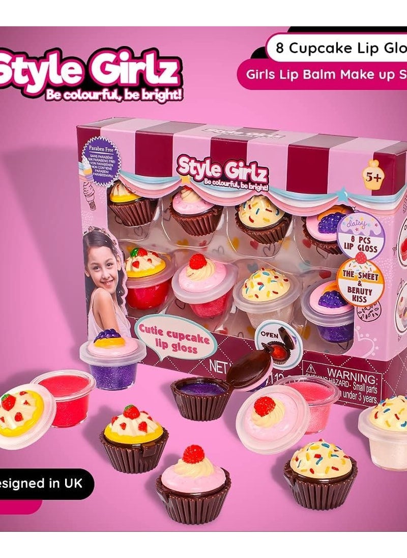 S&Li Kid Girls Lip Gloss Set 8 Cupcake Style Kids Safe Cosmetic Pretend Play Kit Princess Toy  - Image 1