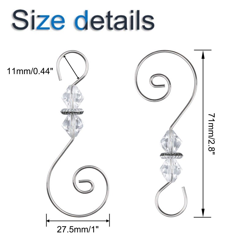 INCREWAY Ornament Hooks, 30 PCS Silver S-Shaped Hangers Hook Swirl Christmas Tree Hanger Metal Hooks with Crystal Beaded - Image 2