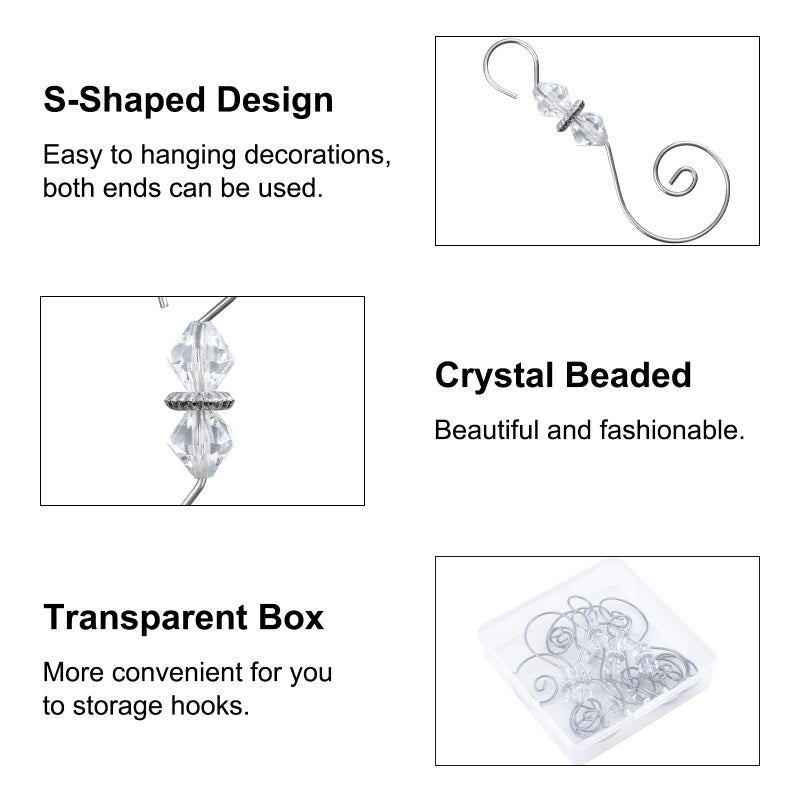 INCREWAY Ornament Hooks, 30 PCS Silver S-Shaped Hangers Hook Swirl Christmas Tree Hanger Metal Hooks with Crystal Beaded - Image 3