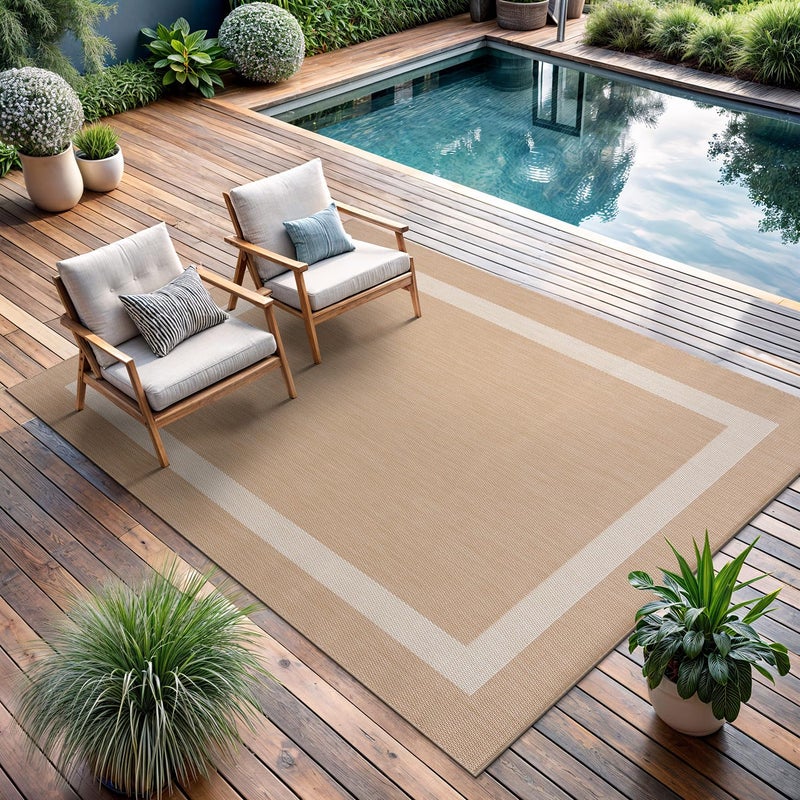 CAMILSON Outdoor Rug 5x7, Modern Outside Rugs for Patios Porches Waterproof Durable Washable Non-Shedding, Easy-to-Clean Indoor Outdoor Area Carpet (5 x 7, Bordered - Beige/White) - Image 1