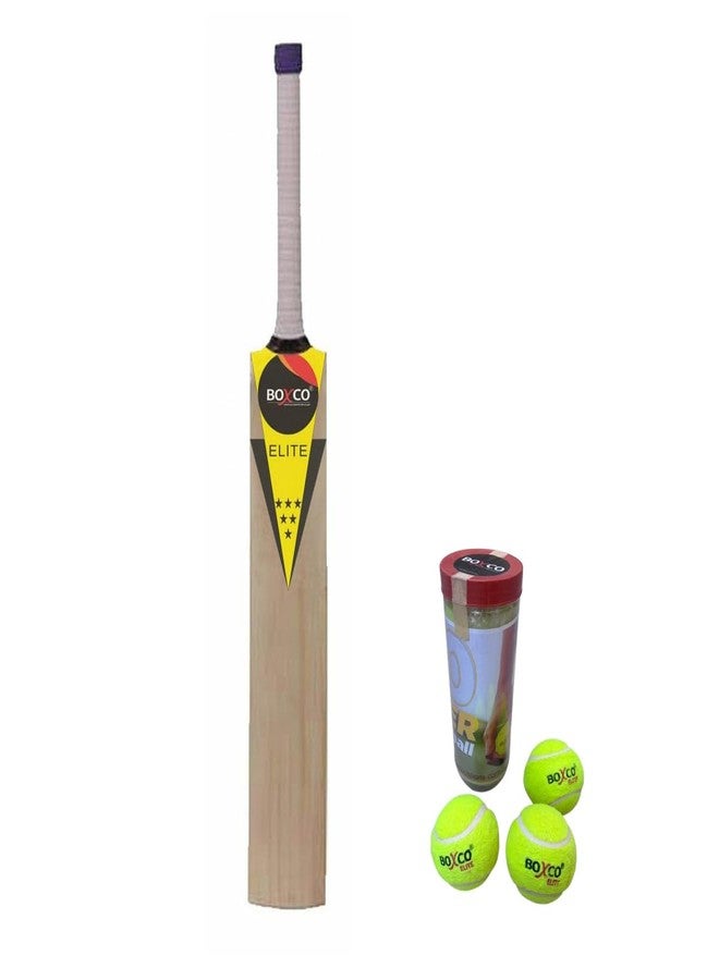 BOXCO Elite Cricket Bat Wooden with 3 Tennis Cricket Balls, Age Upto 9 - Image 1