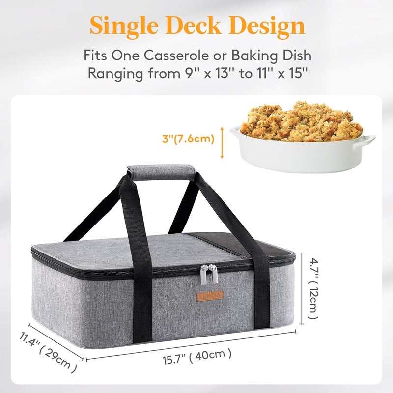 LUNCIA Insulated Casserole Carrier for Hot or Cold Food, Lasagna Lugger Tote for Potluck Parties/Picnic/Cookouts, Fits 9"x13" Baking Dish, Grey - Image 2