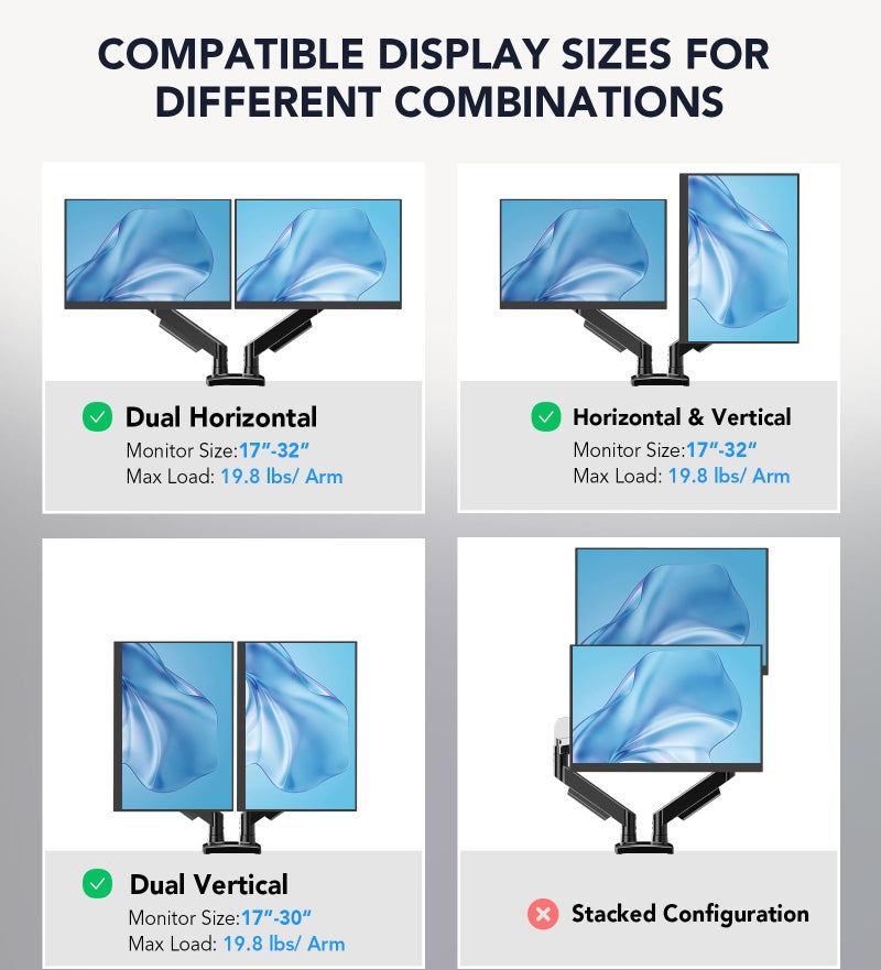 AX WABER Dual Monitor Stand, Adjustable Monitor Desk Mount for 17â€³â€“32â€³ Computer Screens, Full Motion VESA 75x75/100x100 with C-Clamp & Grommet Aluminum Base, Each Arm Holds 4.4 to 20 lbs AX09DB201 - Image 3