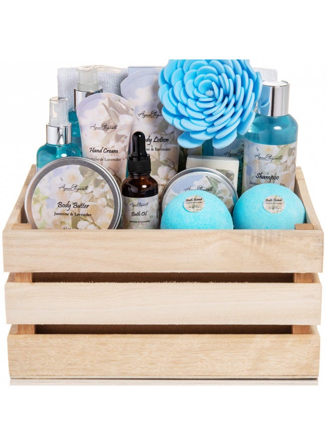 Aqua Elegante Bath Spa Gift Sets - Luxury Basket With Jasmine & Lavender - Spa Kit Includes Wash, Bubble Bath, Lotion, Bath Salts, Body Scrub, Body Spray, Shower Puff, Bathbombs, Soap and Towel - Image 1