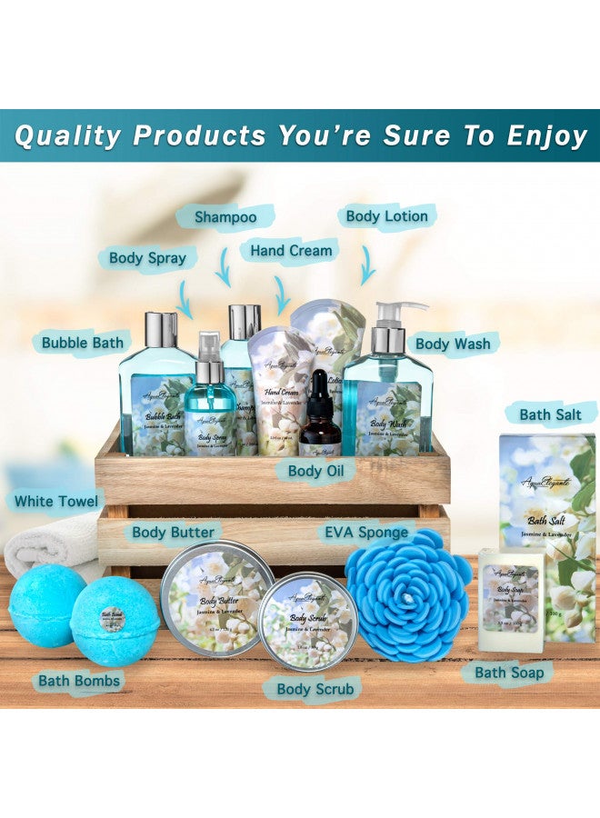 Aqua Elegante Bath Spa Gift Sets - Luxury Basket With Jasmine & Lavender - Spa Kit Includes Wash, Bubble Bath, Lotion, Bath Salts, Body Scrub, Body Spray, Shower Puff, Bathbombs, Soap and Towel - Image 2