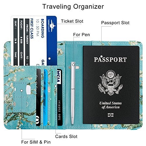 WALNEW Passport Holder for Travel, RFID Passport Cover Wallet for Women Men, PU Leather Passport Book Card Holder Case with Pen, Travelling Essentials for Flying - Image 5