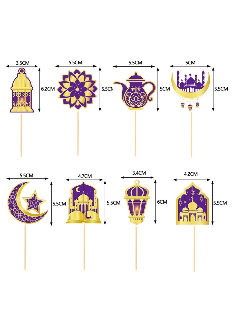 Chocisong 24PCS Eid Mubarak Cupcake Toppers Glitter Moon Ramadan Kareem Happy Eid Cupcake Picks for Eid Islamic Muslim Theme Party Cake Decorations Supplies (Gold/Purple)  - Image 3