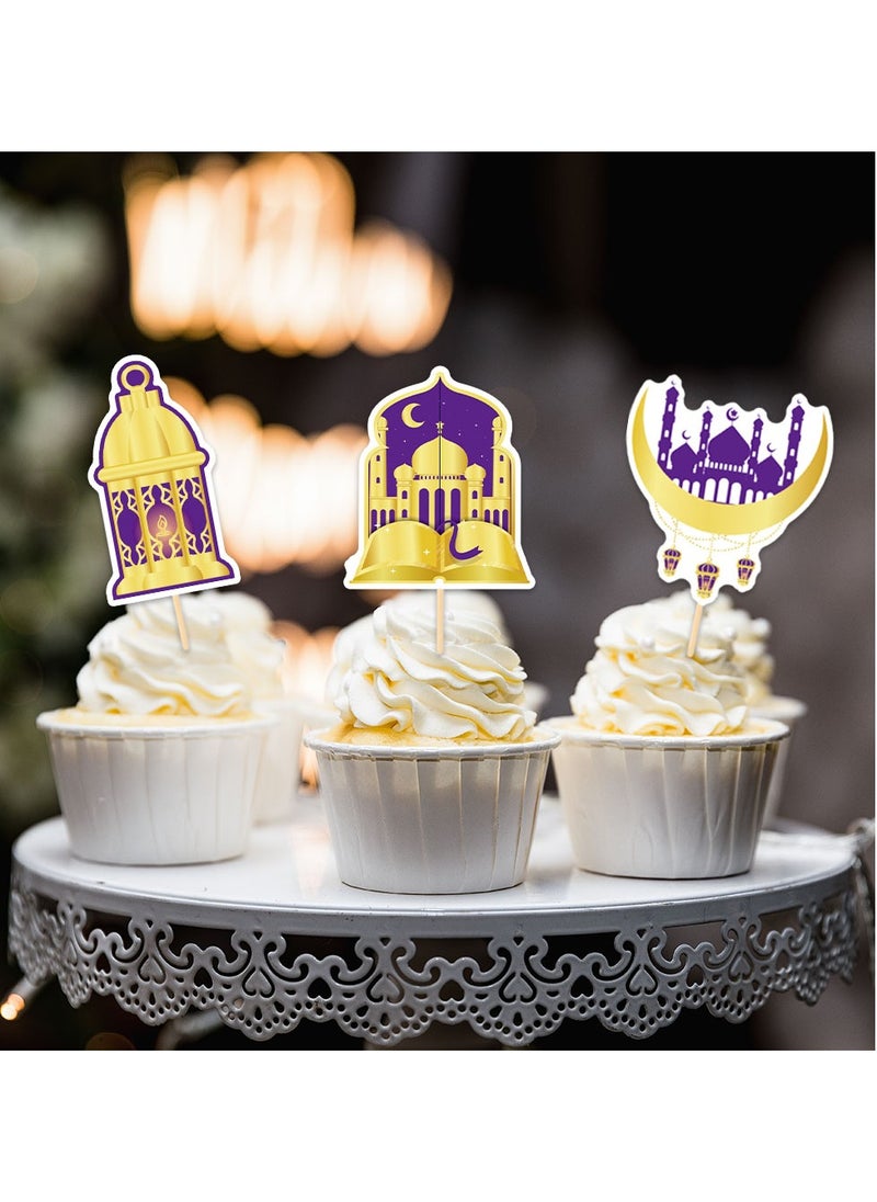 Chocisong 24PCS Eid Mubarak Cupcake Toppers Glitter Moon Ramadan Kareem Happy Eid Cupcake Picks for Eid Islamic Muslim Theme Party Cake Decorations Supplies (Gold/Purple)  - Image 1