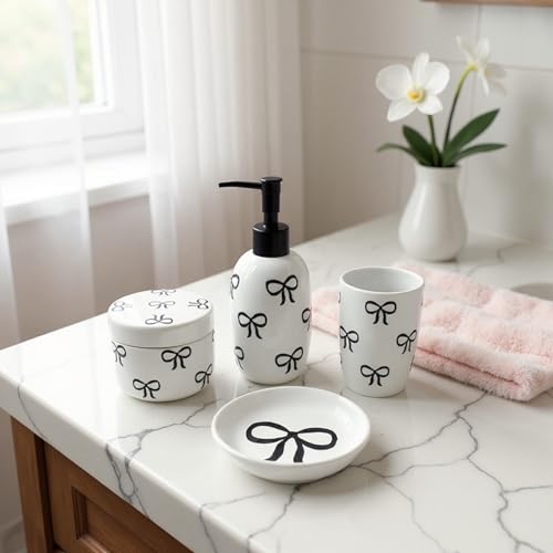 Luxape Pink Bathroom Set, 4 Pcs Ceramic Bathroom Accessory Sets - Soap Dispenser, Tumbler Toothbrush Holder, Vanity Soap Tray, Cotton Swab Jars - Pink Bathroom Decor Gift for Her (Black) - Image 2