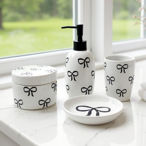 Luxape Pink Bathroom Set, 4 Pcs Ceramic Bathroom Accessory Sets - Soap Dispenser, Tumbler Toothbrush Holder, Vanity Soap Tray, Cotton Swab Jars - Pink Bathroom Decor Gift for Her (Black) - Image 1